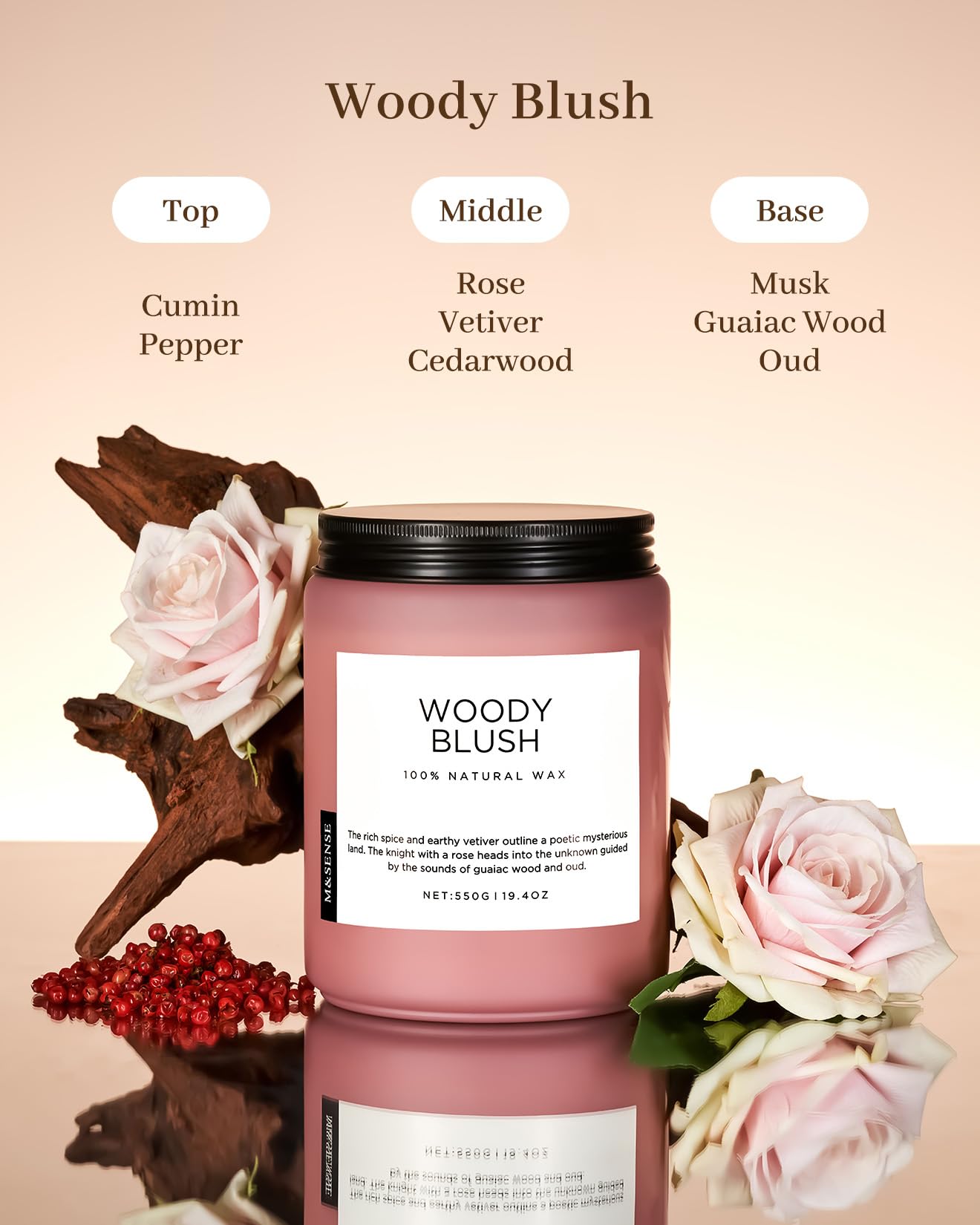 M&SENSE Rose & Vetiver Duftkerze im Glas 550g 110 Stunden lang anhaltende Brenndauer 2-Docht-Sojawachs-Aromatherapiekerze für die Wohnungseinrichtung, Herbstkerzengeschenk WoodyBlush