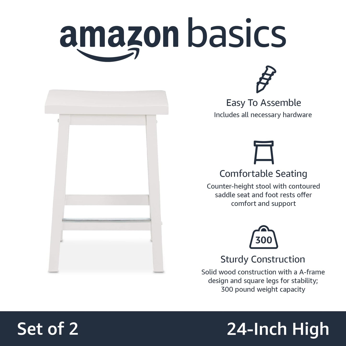 Amazon Basics Hocker für Küchentheke, Sitzfläche aus Massivholz, 61 cm hoch, Weiß, 2 Stück