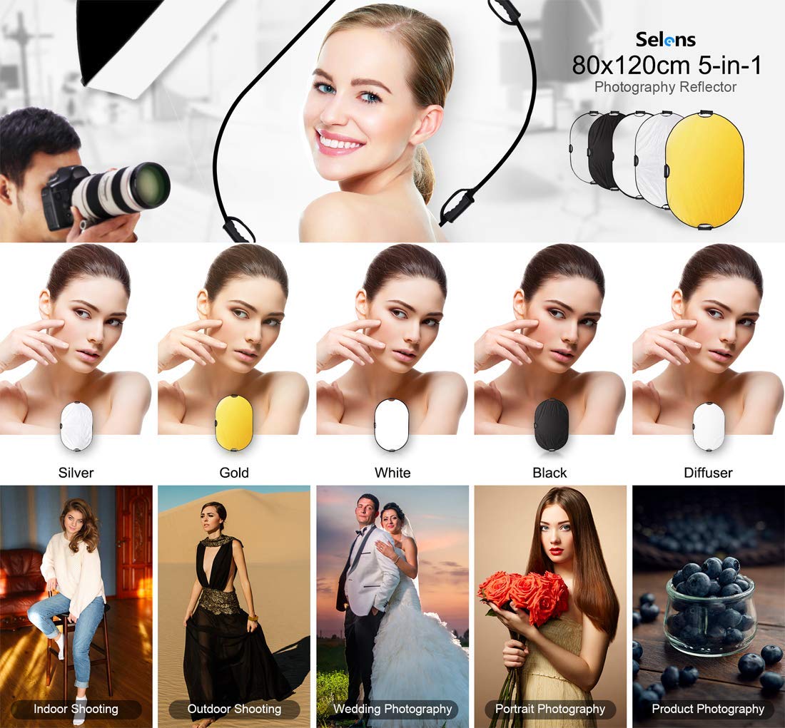 Selens 5-in-1 80x120cm Oval Reflektor Tragbarer Faltbarer für Fotografie Fotostudio Beleuchtung und Außenbeleuchtung Portrait Fotografie