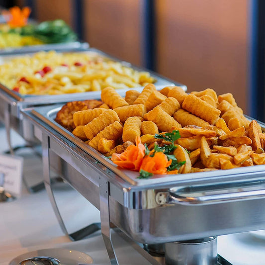 Valgus 9L Edelstahl Chafing Dish Set Buffet Chafer Speisenwärmer mit faltbarem Rahmen Kraftstoff Halter und Deckel Lebensmittel Wärmer für Parteien, Bankett, Buffets, Hochzeit 2 Pack