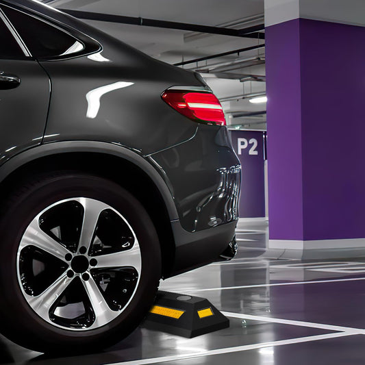 Ikodm 2 Stück Parkplatzsperre Gummi Radstopper Parkplatzbegrenzer Parkbegrenzung Parkplatzmarkierung Anfahrschutz mit Gelb Reflektierende Streifen für Garage und Parkplätze