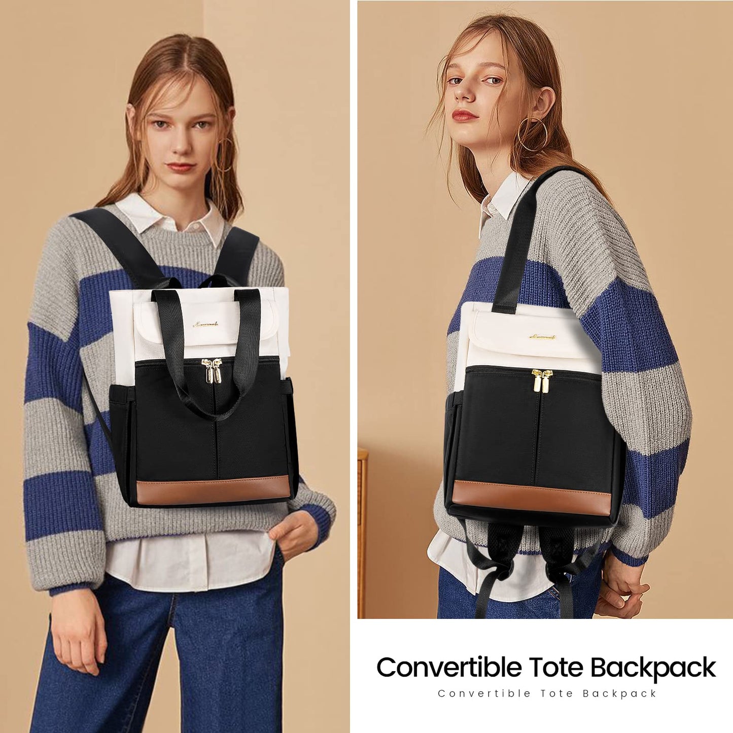 LOVEVOOK Rucksack Damen Klein, Kleiner Rucksäcke Damen Cityrucksack Mini Rucksacktasche Elegant Handtasche Schultertasche, Wasserdicht Laptop Tagesrucksack 13,3 Zoll, Beige Schwarz Braun