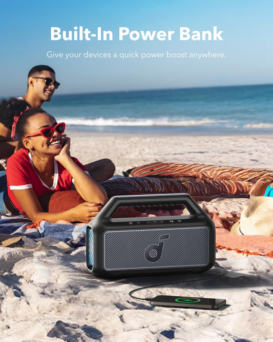 soundcore by Anker, Boom 2 Outdoor-Lautsprecher, 80W, Subwoofer, BassUp 2.0, 24h Akku, IPX7 Wasserdicht & Schwimmt, LED-Licht, USB-C, EQ, BT 5.3, Mobiler Bluetooth-Speaker, Camping, Strand, Garten