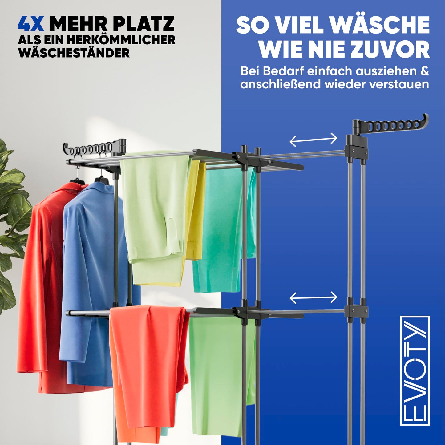 Evoty Wรคschestรคnder Turm Klappbar, Ausziehbar & Platzsparend | Wรคscheturm, Turmwรคschestรคnder Hoch, Clothes Drying Rack 4 Etagen & 5 Wรคschebรผgel inklusive