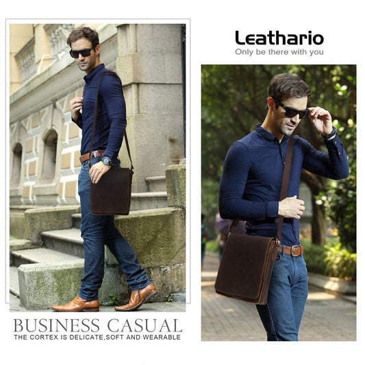 Leathario Herren Umhängetasche Schultertasche Leder 9.7Zoll Ipad mit 5 Steckfächern 25 x 7 x 31 cm für Alltage Freizeit