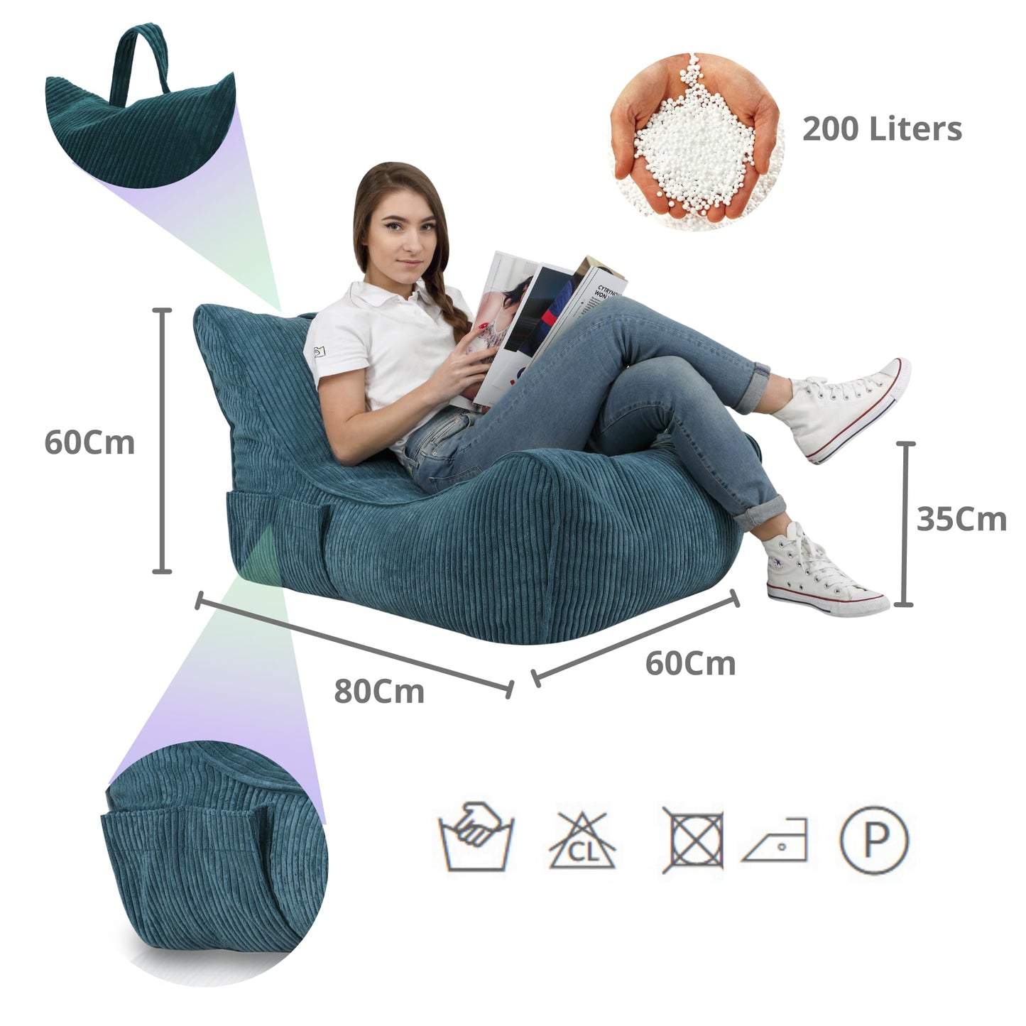 Ecopuf Flavio Sitzsack Sessel Cord - Sitzsack Wohnzimmer - Sitzpouf Samt - Weicher Sack Pouf mit Tasche und Griff, gepolstert - Entspannungssessel - Strickhocker - Wohnungseinrichtung - Blau SZ95