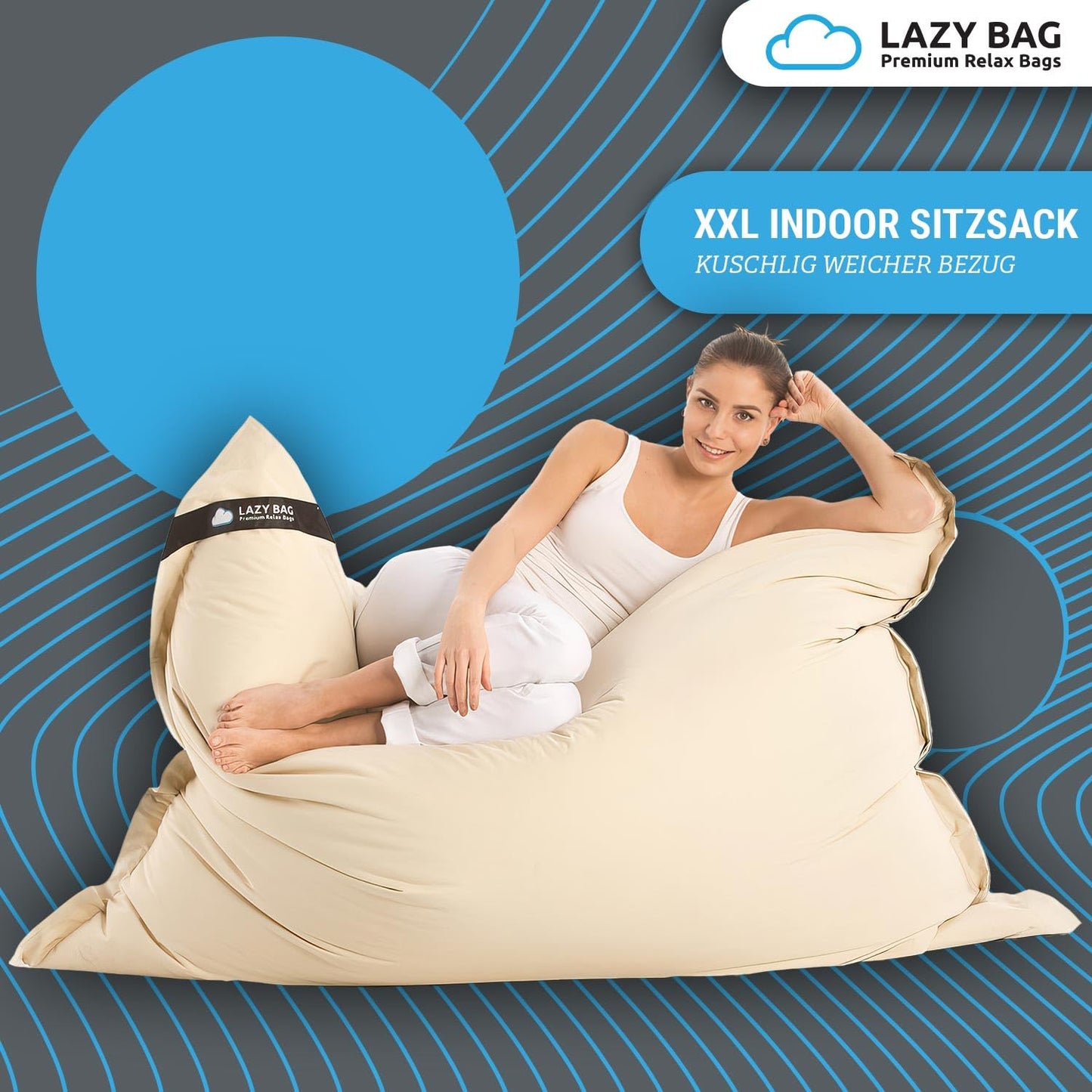LAZY BAG Original Riesen-Sitzsack Cotton XXL 180x140cm mit 400L | hautfreundliches Baumwolle Sitzkissen 2-in-1 relaxtes Sitzen & Liegen | Perfekte Ergonomie Dank 4 Mio. EPS-Perlen | waschbarer Bezug