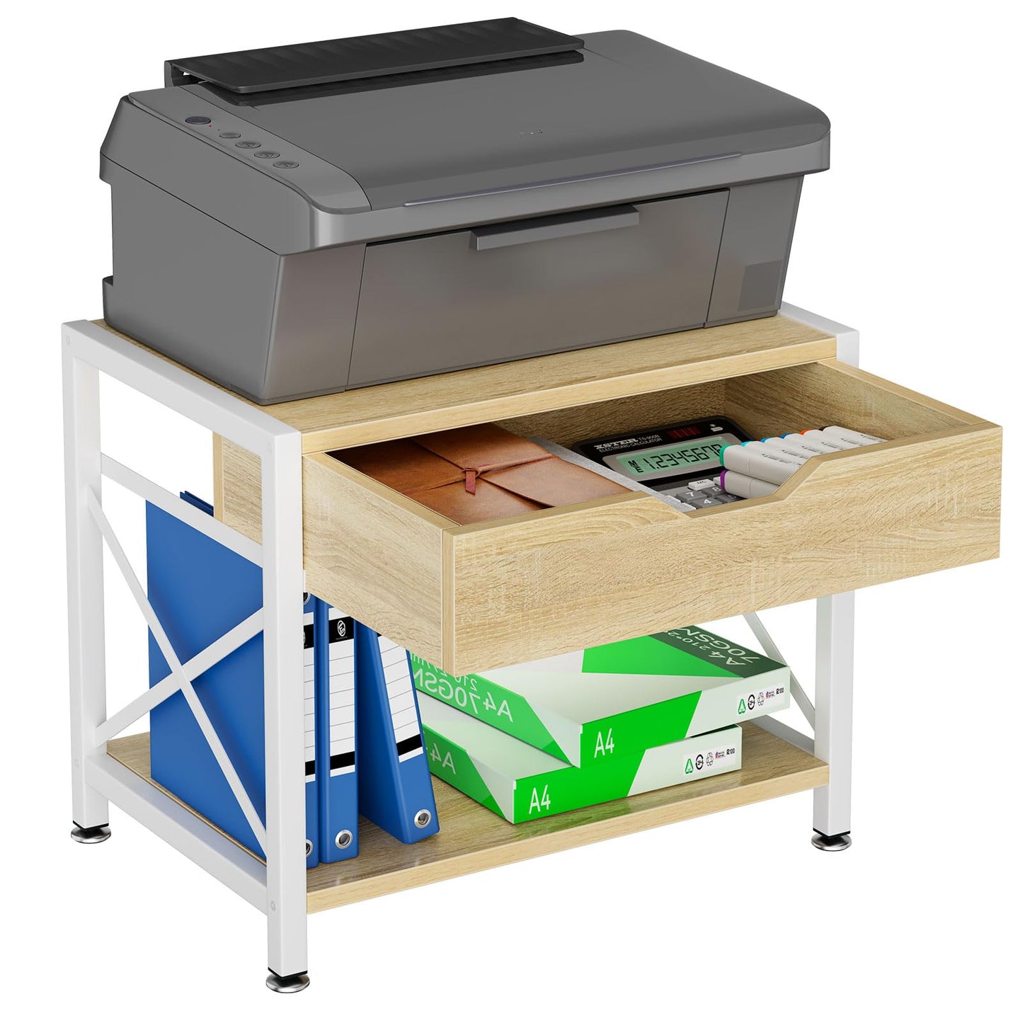 IBUYKE 2 Tier Desktop-Drucker Stand, Mehrzweck-Schreibtisch-Organizer, hölzerne Drucker Stand mit Schublade Lagerung für Ordner, Bücher, für Faxgerät, Scanner, Home Office TLJ012R
