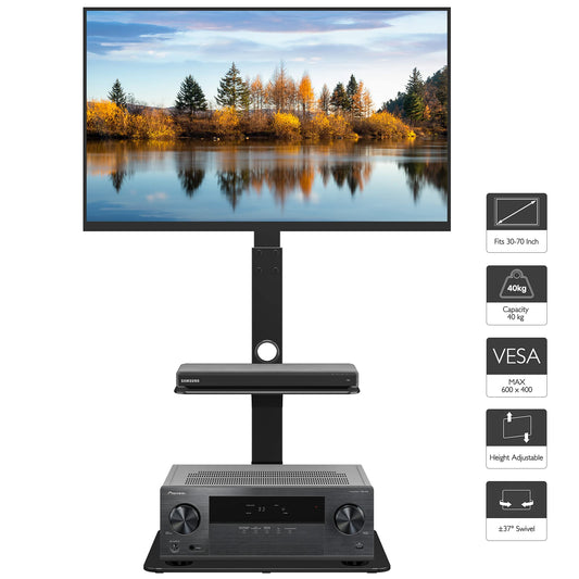 BONTEC TV Ständer für 30-70 Zoll LED OLED LCD Plasma Flach & Curved Fernseher bis 40 kg, Höhenverstellbarer Hoher TV Bodenständer mit 2 Stufigen Regalen aus Gehärtetem Glas, Max. VESA 600 x 400 mm