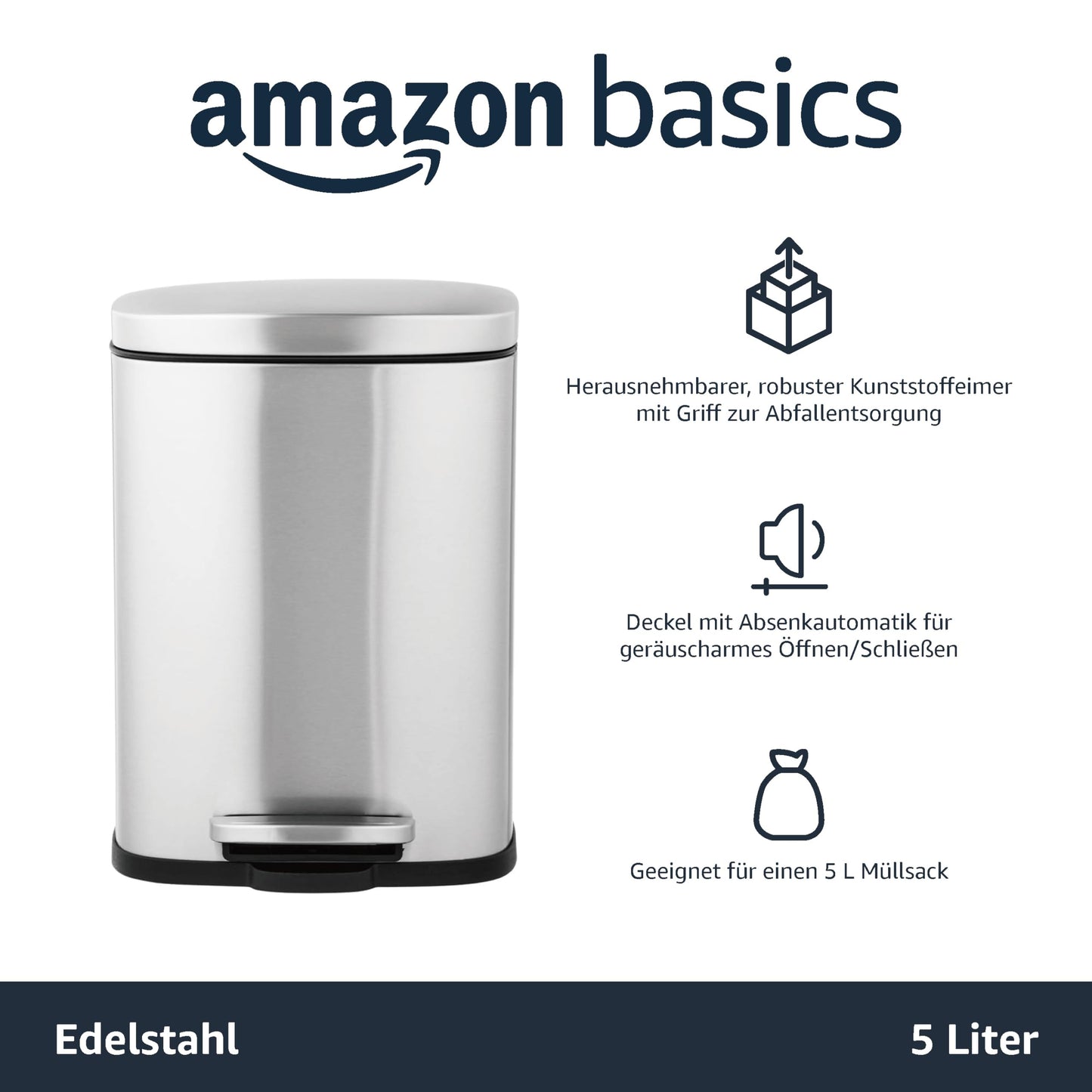 Amazon Basics Mülleimer, schmutzabweisend, rechteckig, mit sanft schließendem Fußpedal, gebürsteter Edelstahl, für kleine Räume, satinierte Nickeloberfläche, 5 l, 18,5 x 21,6 x 30 cm (L x B x H)
