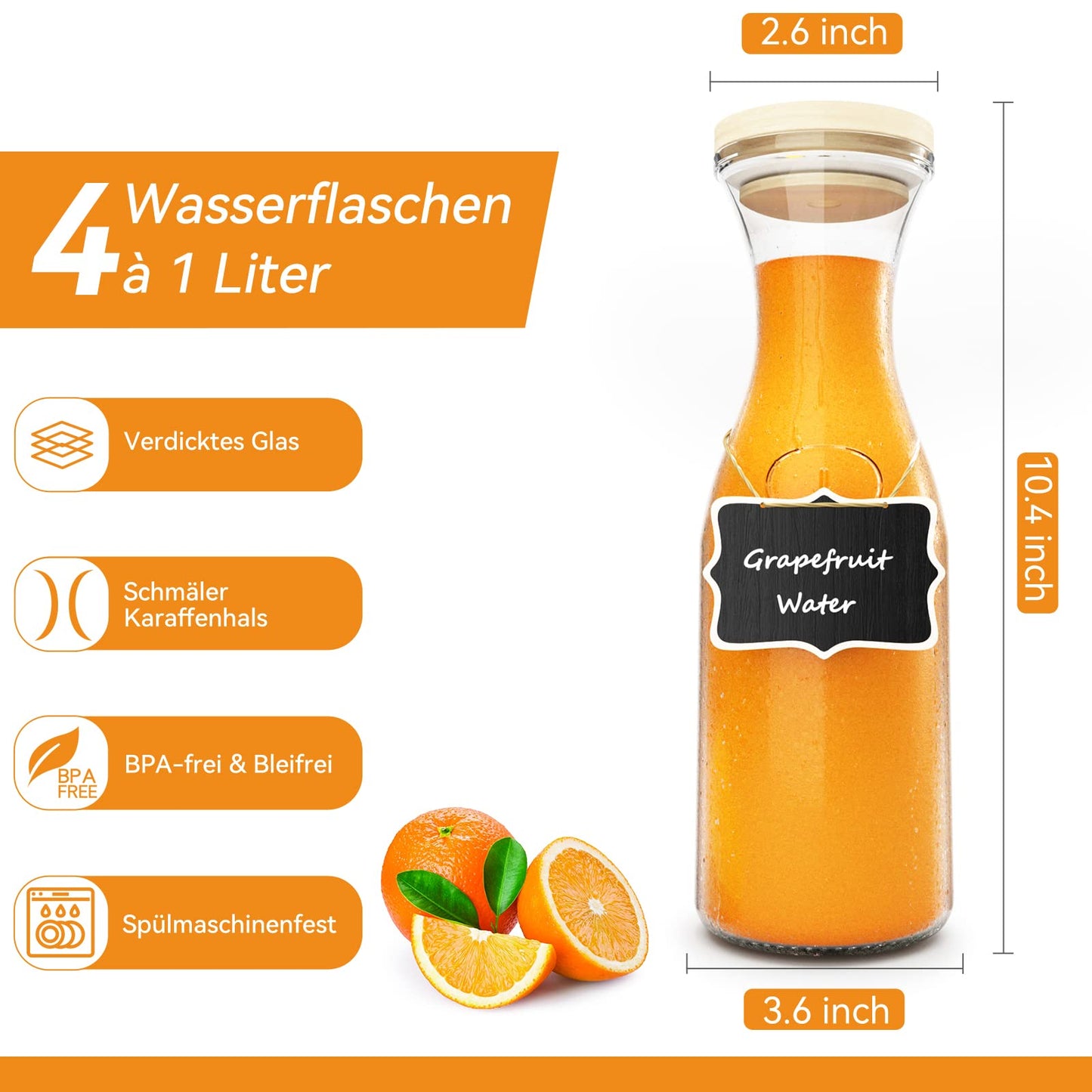 FINEW 4er Set Glaskaraffe 1 Liter, Wasserkaraffe mit Deckel, dickere und stärkere Wasserkrug Glas, Glaskrug für Getränke, Glasflasche, Weinkaraffe, Karaffe set inkl. 4 Tafeletiketten aus Holz