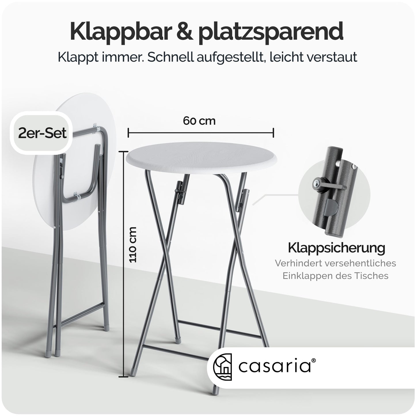 Casaria® Stehtisch 2er Set Klappbar Höhe 110cm Ø 60cm Beistelltisch Klapptisch Bartisch Cocktail Holz Esstisch Rund Hochtisch Garten Gartentisch weiß