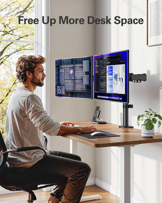 HUANUO Monitorhalterung 2 Monitore für 13 bis 32 Zoll Bildschirme, Monitor Halterung Höhenverstellbar Neigbar Schwenkbar Drehungbar, erweiterter Monitorarm Bildschirmhalterung 2 Monitore, VESA 75/100