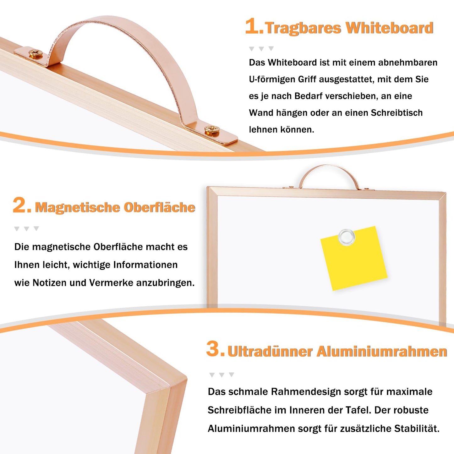 QUEENLINK Doppelseitiges Magnetisches Whiteboard, 30 x 40cm Dry Erase Board für die Wand, Kleine Goldene Aluminiumrahmen Tafel mit Halterung, Tragbare Tafel für Haus Küche Büro