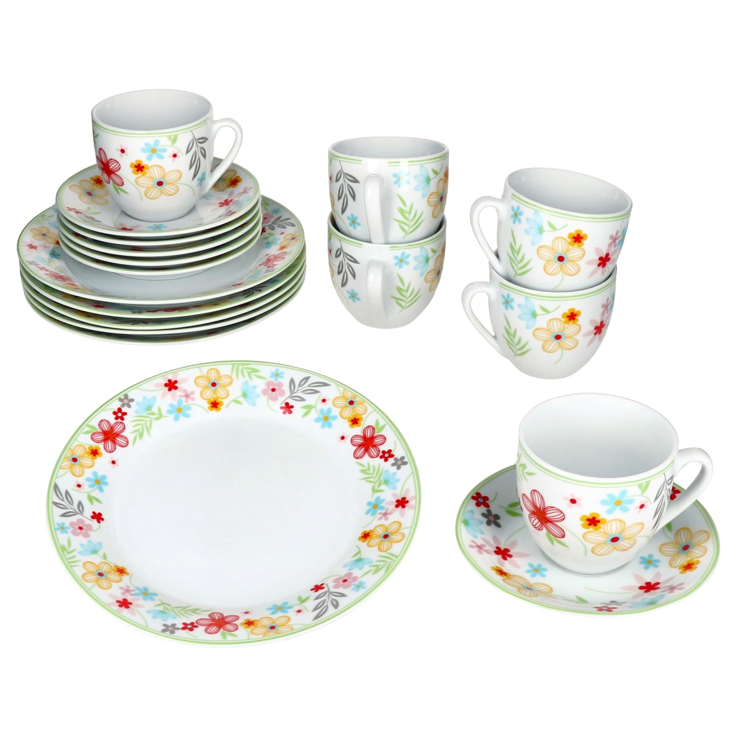 MamboCat Variant Blümchen 18tlg Kaffeeservice I farbige Porzellan-Kaffeeset für 6 Personen I Je 6X Kaffeetassen 200ml, Untertassen & Kuchenteller I buntes Geschirr für Frühstück & Kaffee