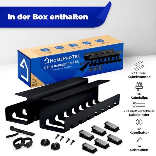 HOMEPROTEK 2er Set Schreibtisch Kabelkanal Schwarz für ordentlicher Kabelmanagement, Kabellwanne für Arbeitsplatz kabelorganisation, Home Office Cable Management Under Desk Cable Tray, Kabel Organizer