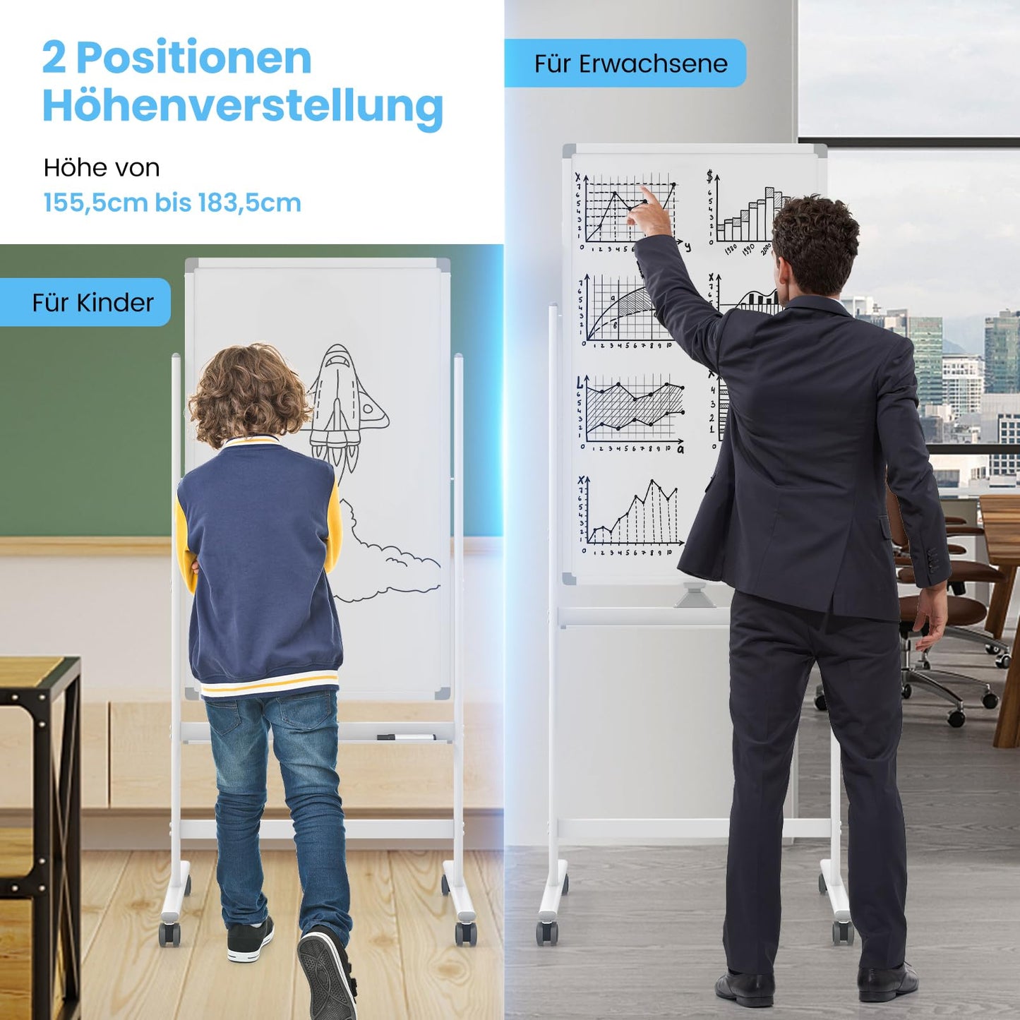 COSTWAY Doppelseitiges mobiles Whiteboard, 60 x 100 cm, höhenverstellbares magnetisches Whiteboard mit Rollen, Ständer und Stiftablage, inkl. Zubehör für Schule, Büro, Zuhause (Weiß)