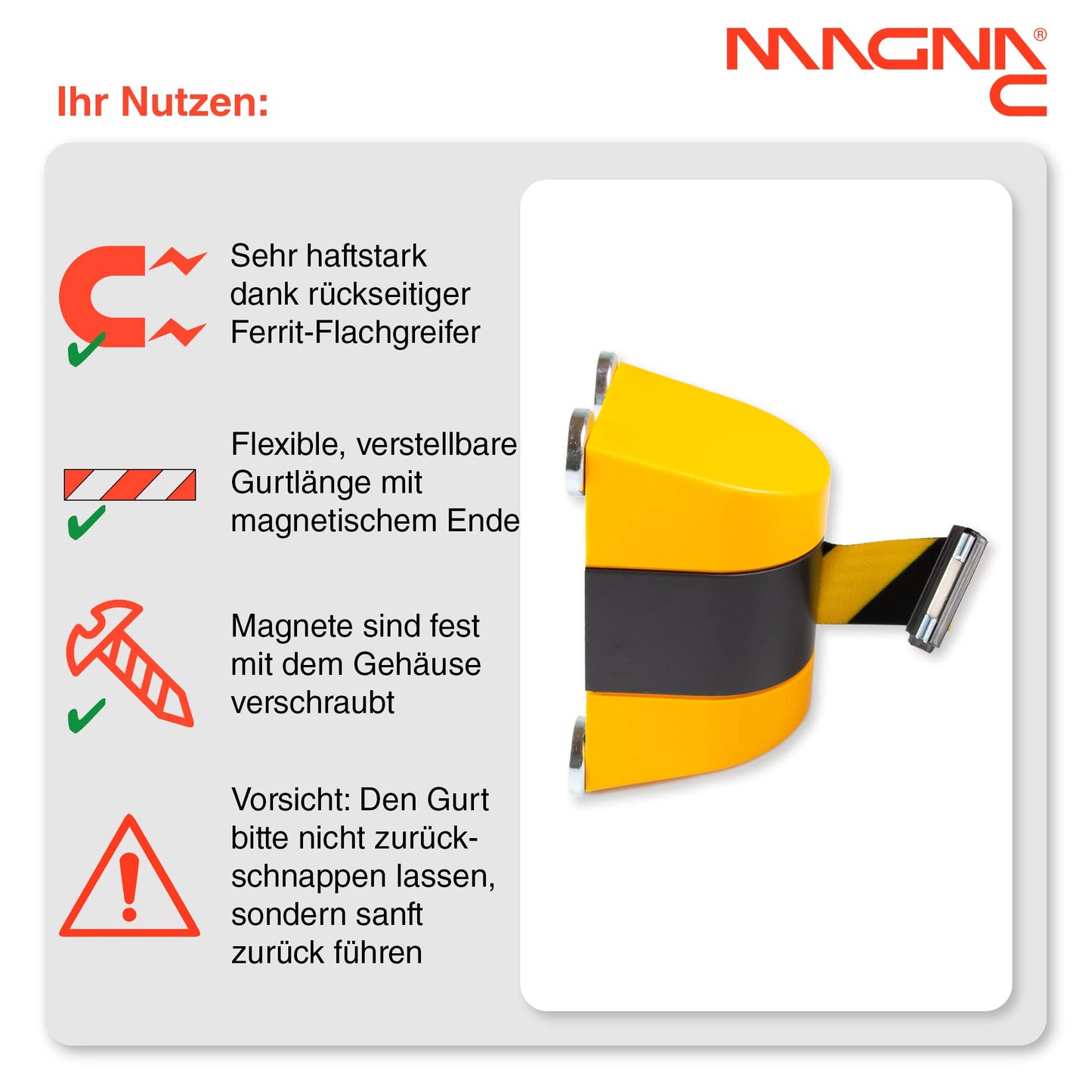 Magna-C® Absperrband mit starken Magneten | aufrollbar | Ideal für Absperrungen | Schwarz-Gelb | 4,6m