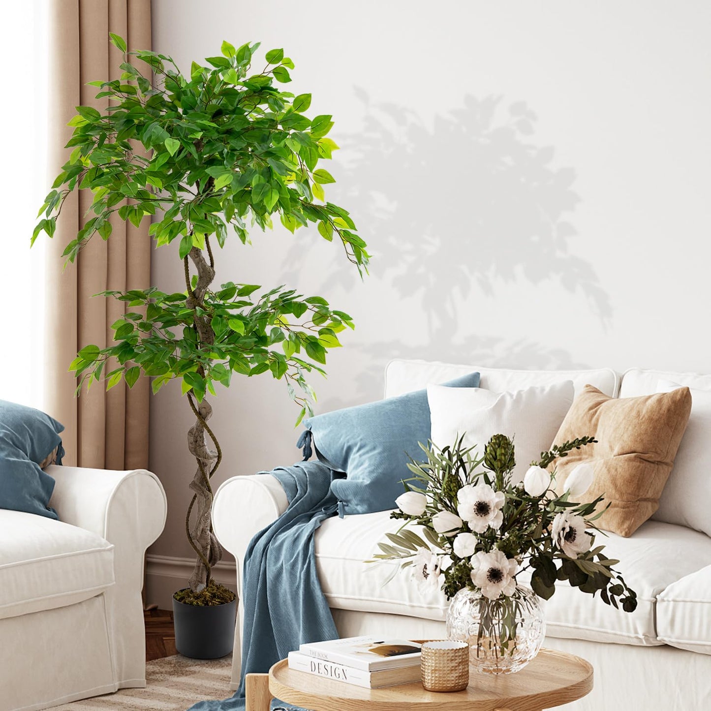 COSTWAY 150 cm Kunstpflanze grün, Künstliche Pflanze Ficus Benjamin, Dekopflanze mit natürlichem Holzstamm & Blättern, Zimmerpflanze Deko, Kunstbaum Innendekoration, für Zuhause Garten Büro