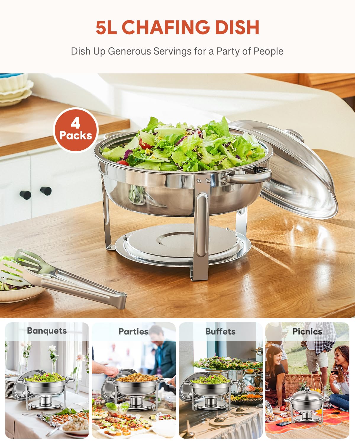 Wilprep 5L 4Set Rund Chafing Dish Edelstahl Speisenwärmer Wärmebehälter Suppenwärmer Bain Marie Speisen Warmhaltebehälter ideal für Events & Partys