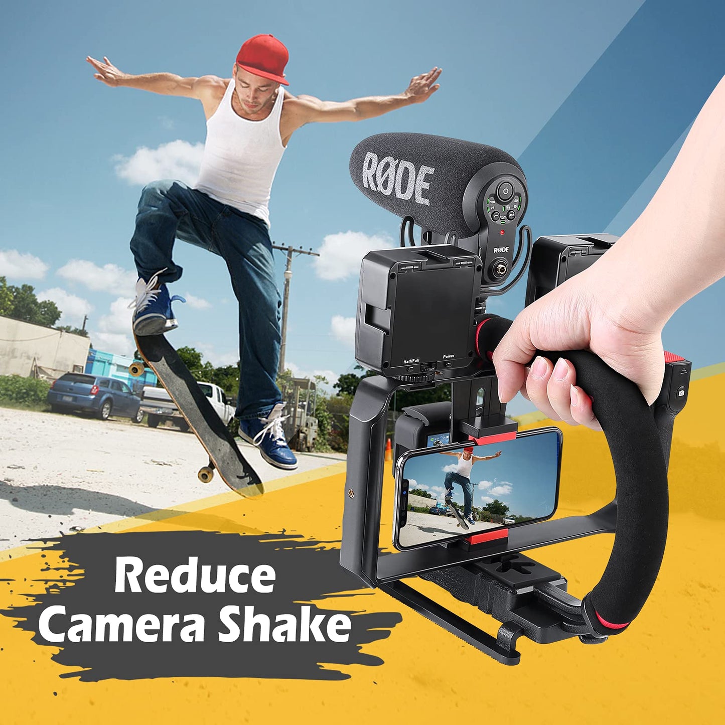 Zeadio Tripel Zubehörschuh Handheld Stabilisator mit Smartphone Video Rig, Video Aktion Handgriff Griff für Allen Kamera, Action-Kamera, DSLR und Smartphones