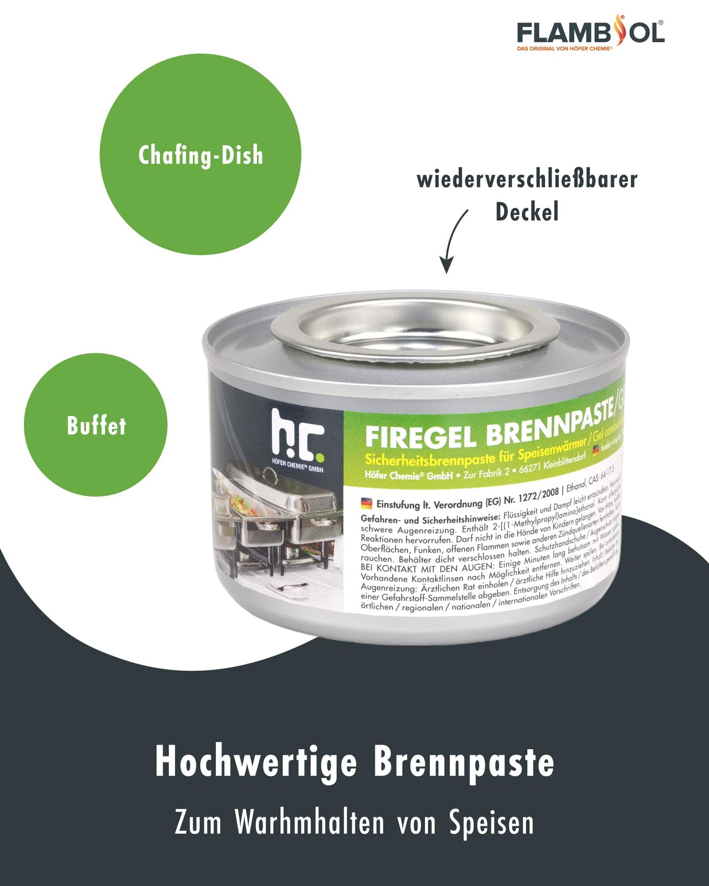 Flambiol Firegel Brennpaste 6 x 200g - Zum Warmhalten von Speisen - Für Chafing Dish & Buffet - Aus Natürlichem Bioethanol - ca. 2,5 h Brenndauer