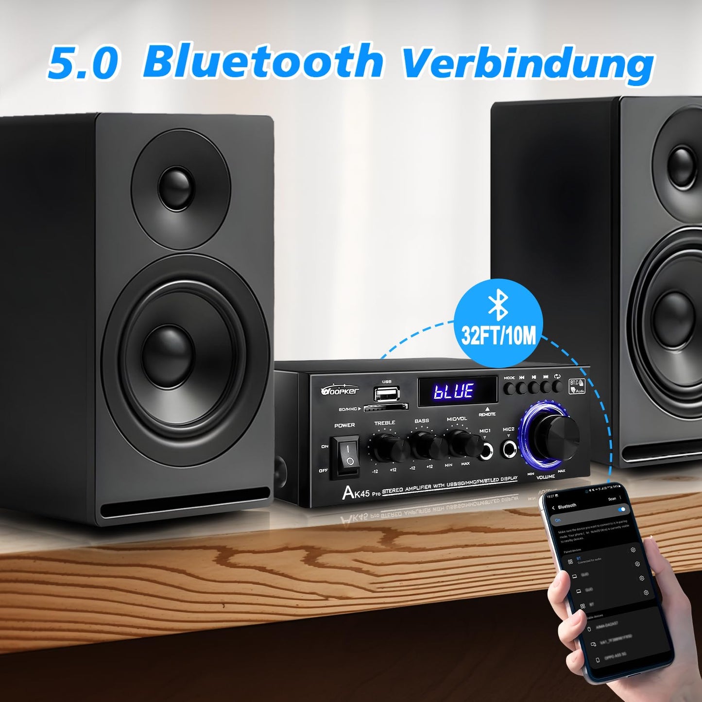 AK45 Pro HiFi-Verstärker WOOPKER Mini Verstärker, 500W,2 Kanäle Bluetooth Verstärker HiFi Stereo w/UKW-Radio, USB,SD,RCA,MIC In,Audio Verstärker Receiver für Zuhause oder Auto