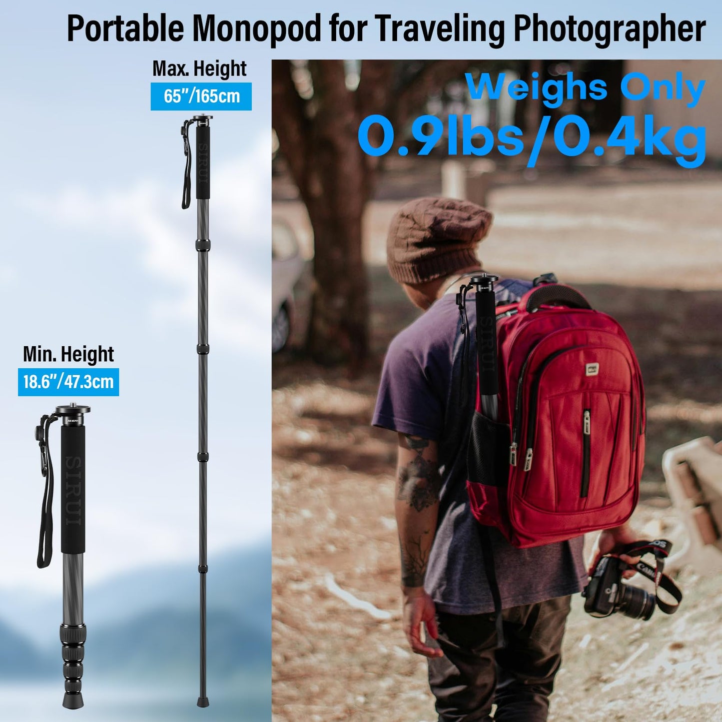 SIRUI Einbeinstativ Kamera AM-MDP01, 165cm Carbon monopod, leicht und kompakt für Reisen,5 Segmente, inklusive Telefonhalter, max. Tragkraft 10kg für DSLR