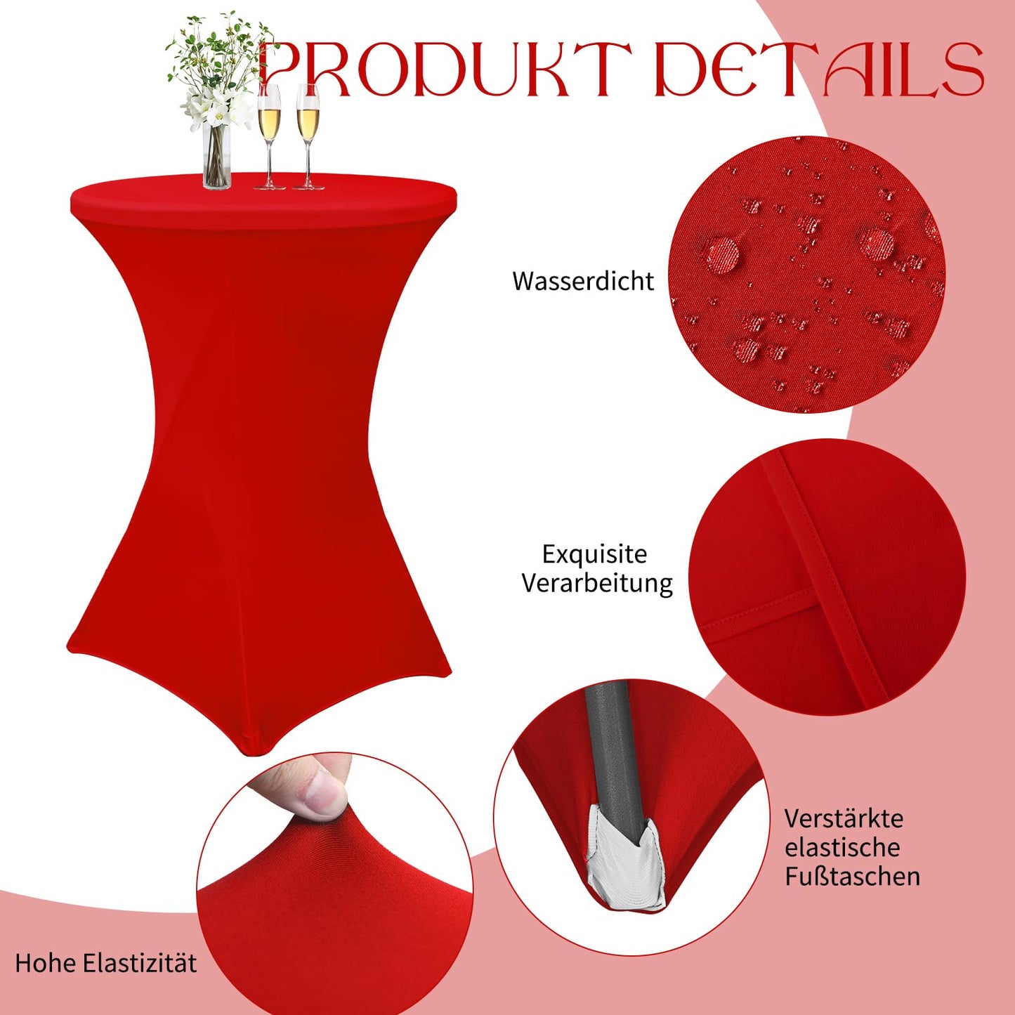 3 Stück Stretch Stehtisch Husse für Bistrotische Ø 80-85 cm, Wasserdicht Spandex Stretch Tischdecke, Verstärkung im Fußbereich, für Stehtische und Bistrotische (Rot, 80 x 110 cm)