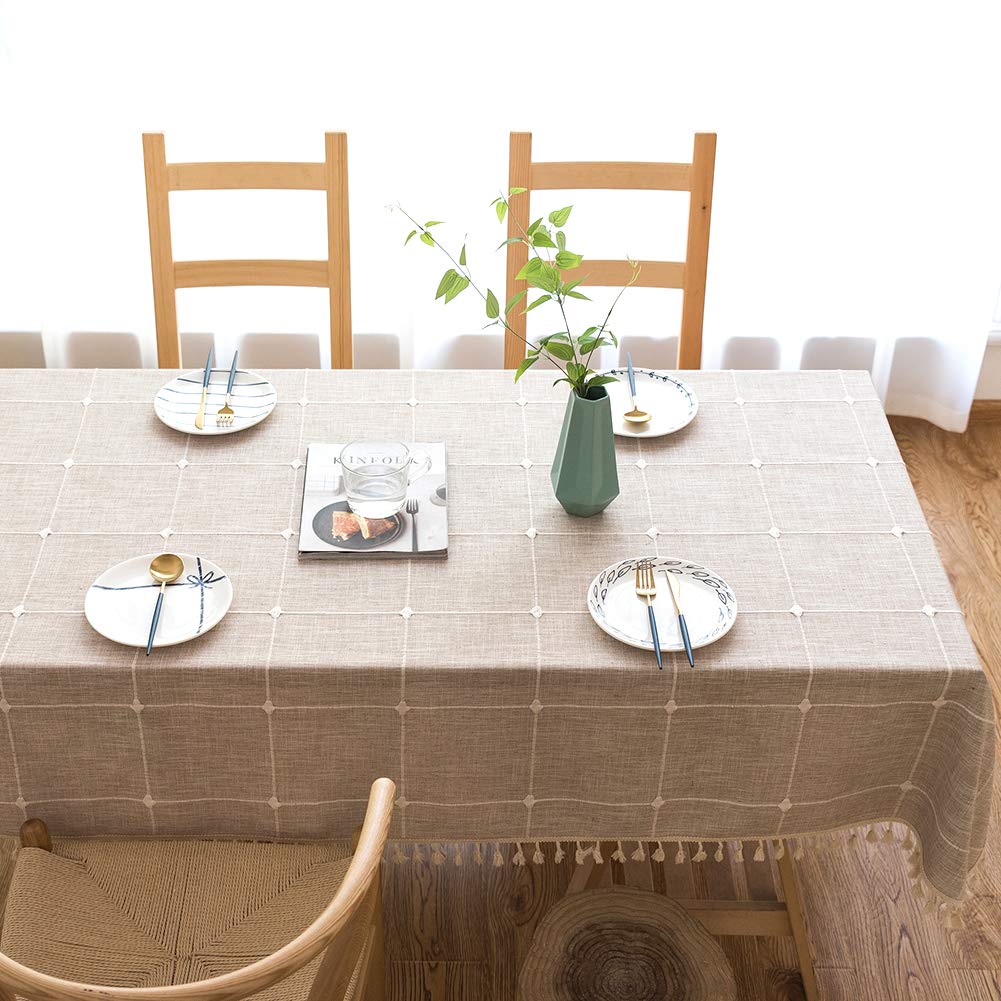 SUNBEAUTY Tischdecke Abwaschbar 140x200 Tischdecke Baumwolle Leinen Tischdecken Rechteckig Tischtuch Beige mit Quasten für Home Küche Speisetisch Dekoration