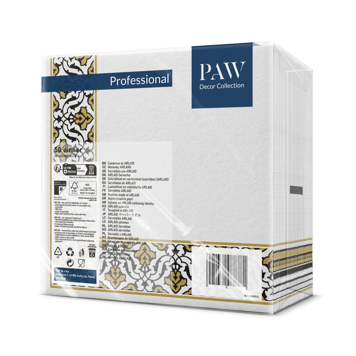 PAW - Servietten aus Airlaid - Stoffähnlich (40 x 40 cm) I 50 Stück I Ideal für Hochzeit, Taufe, Kommunion, Geburtstag I Hochwertige Tischdeko Stoffservietten - Gold-Schwarz I Floral Frame gold-black