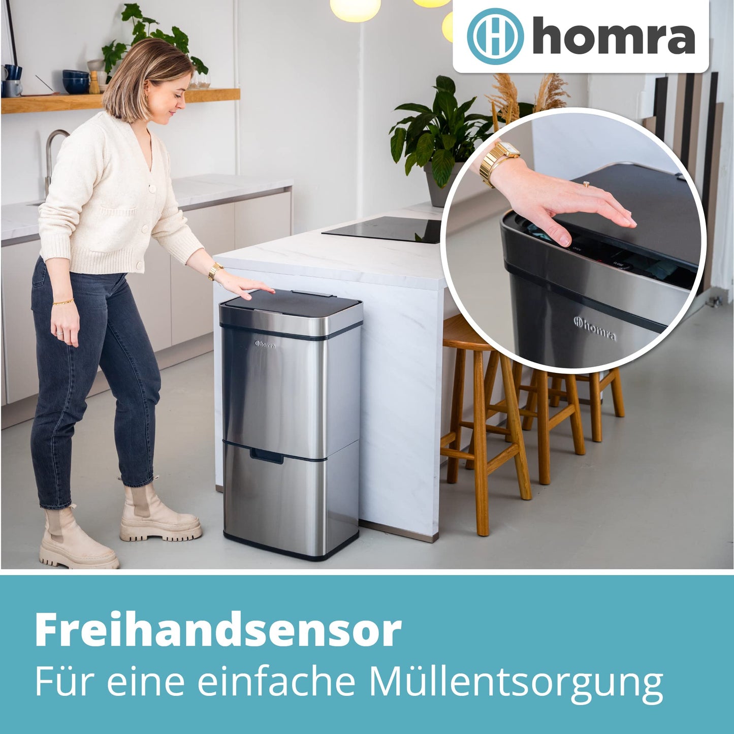 Homra® Nexo Mülleimer mit Sensor 3+1 Fächern | Edelstahl Smart Bin | Küchen Abfalleimer Bewegungssensor | Mülltrennung Elektrisch | Smart Bin | Mülltrennsystem für Mülltrennung in der Küche