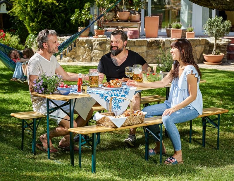 Casaria® Bierzeltgarnitur 220 cm Klappbar Stabil 3 Teilig 2X Bierbank 1x Breiter Tisch Holz Biertischgarnitur Festzeltgarnitur Biergarten Biergarnitur