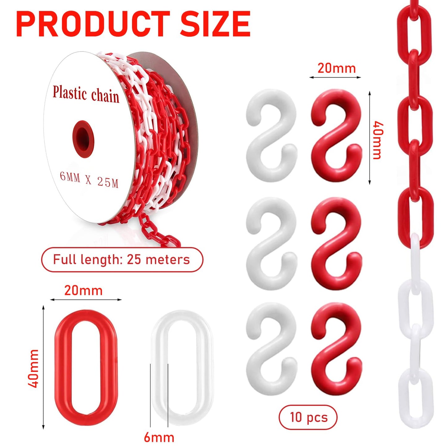 YUJUVI Absperrkette Kunststoffkette 25M Warnkette 6mm Plastikkette Kunststoff kette mit 10 Karabinern für Barrieren in Auffahrten zum Absperren von Flächen Gut Sichtbar (Rote Weiße, 25M)