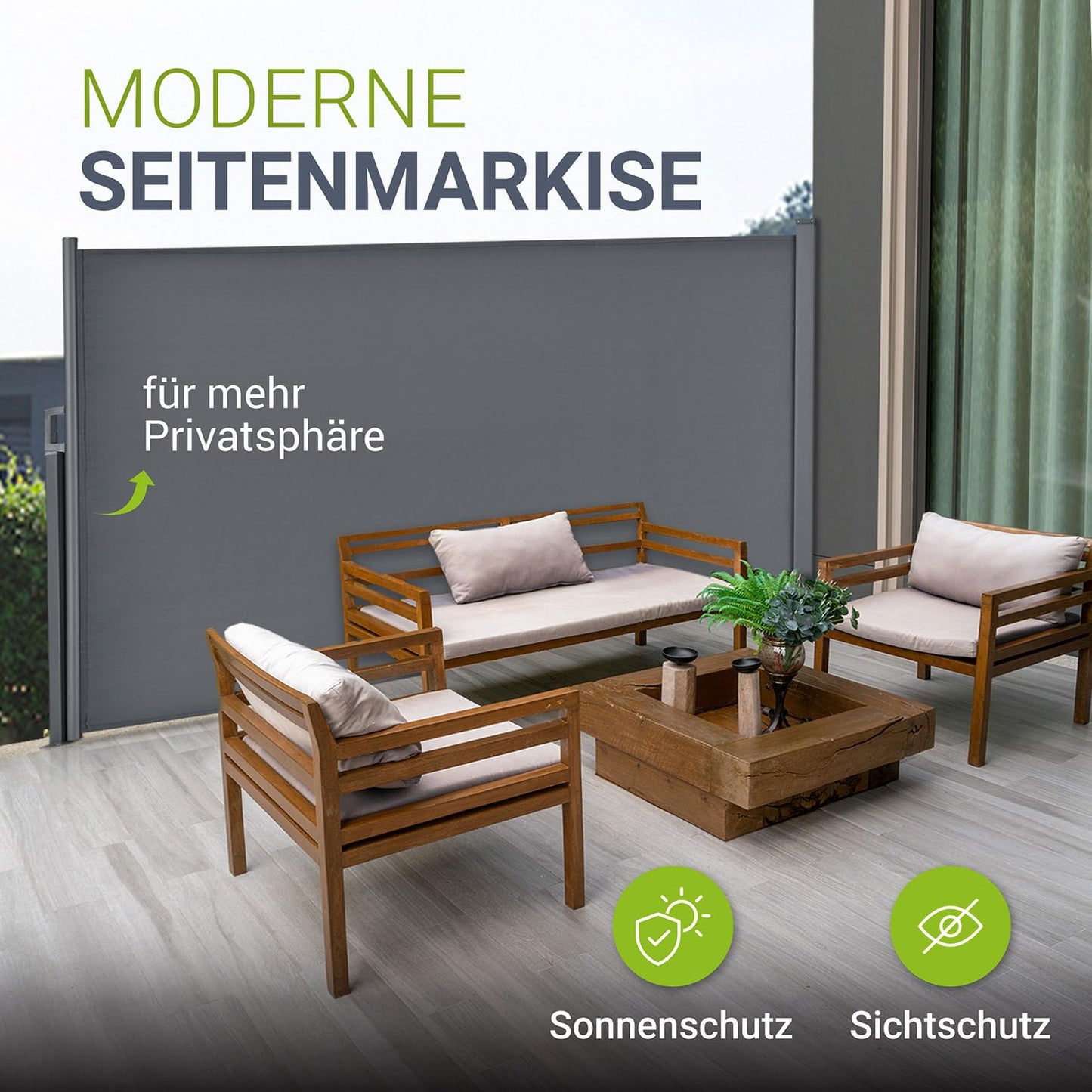 Juskys Seitenmarkise Dubai 160 x 300 cm ausziehbar Blickdicht, Sichtschutz für Balkon & Terrasse, Seitenrollo mit Wandhalterung - grau