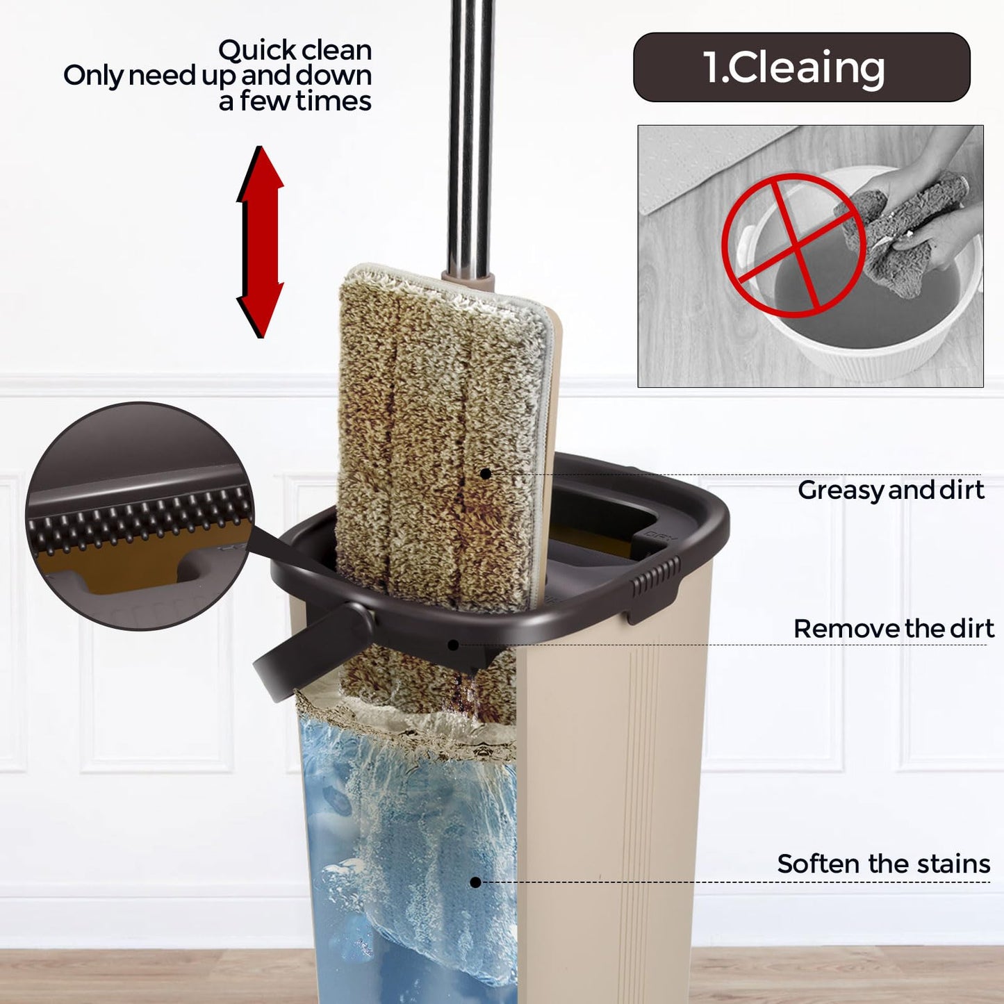 Wischmopp Set mit Eimer, Masthome Bodenwischer Set mit Einstellbar Edelstahlgriff, Putzeimer mit Wischmop mit 6 Mikrofaser Wischpads, Putzset mit Bodenwischer für Alle Bodentypen Bodenreinigung