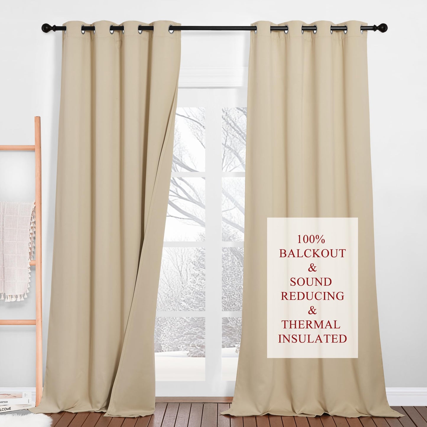 PONY DANCE Schallschutz Vorhang mit Filzfutter Dreilagige 100% Verdunklungsvorhänge mit Ösen 2er Set H 240 x B 132 cm Schlafzimmer Gardinen und Vorhänge Beige Blickdicht, Biscotti Beige