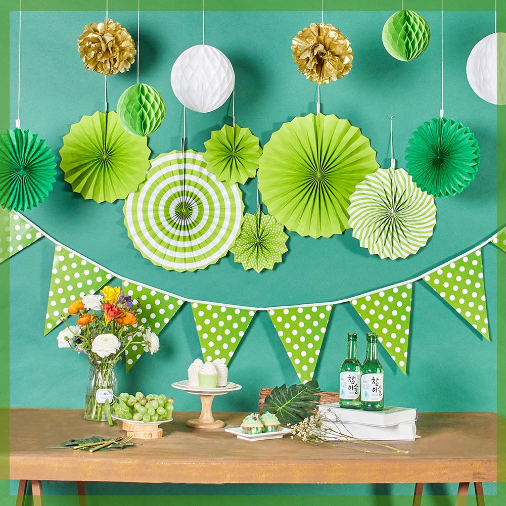 SUNBEAUTY 15 Pcs Papier Party Deko-Set Grün Pompons Girlande Wabenbälle Sommer Frühling Feier Tropische Dekoration für Party Hochzeit Geburtstag
