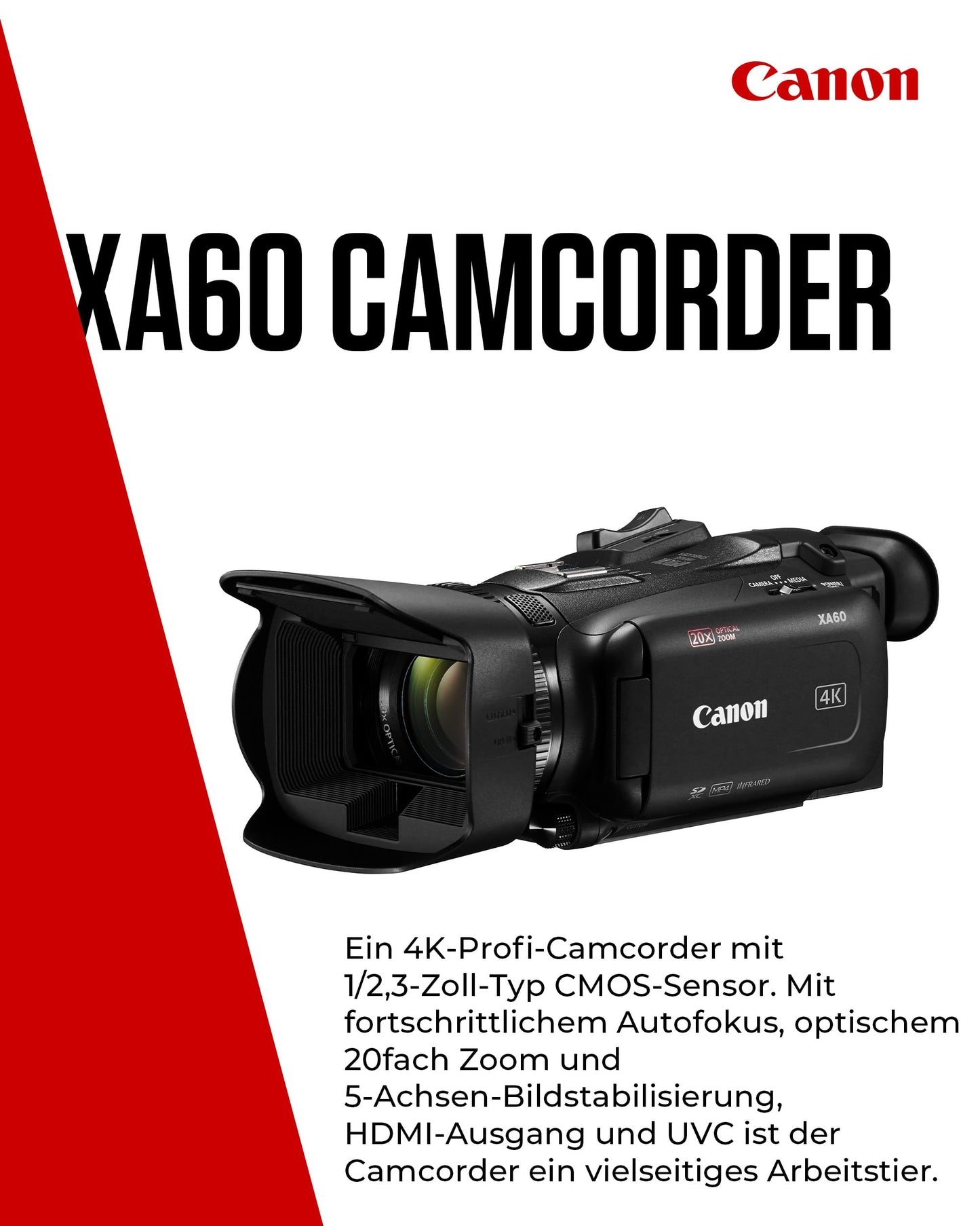 Canon XA60 Camcorder 4K Full HD (UHD Videokamera 20fach Zoom, 1/2,3-Zoll-Typ CMOS-Sensor, Autofokus, 5 Achsen Bildstabilisierung, HDMI Ausgang, 3,5-Zoll LC-Display, UVC Streaming) schwarz