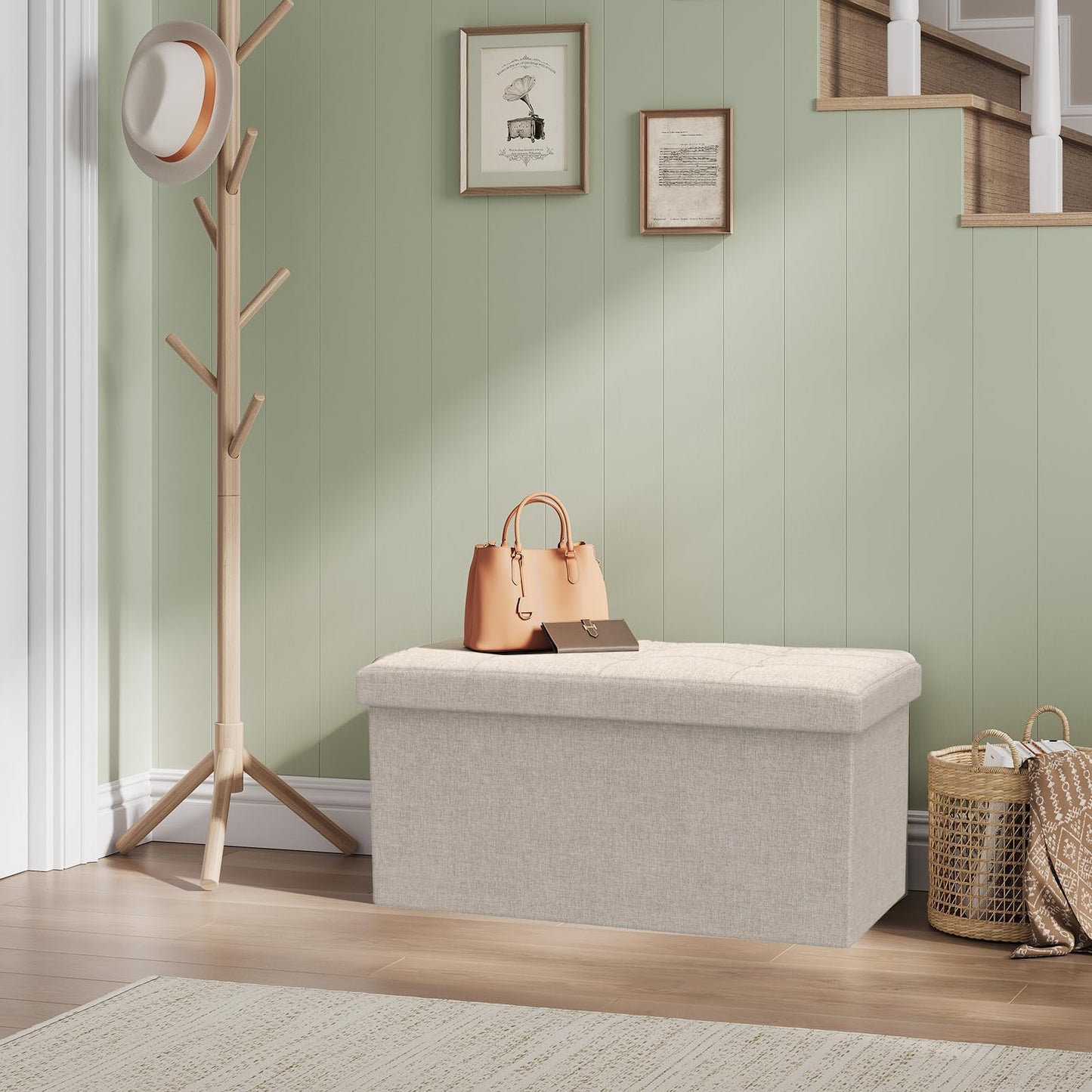 WOLTU Sitzhocker mit Stauraum Sitzbank Faltbar Truhen Aufbewahrungsbox, Deckel Abnehmbar, Gepolsterte Sitzfläche aus Leinen, 76x37,5x38 cm, Beige