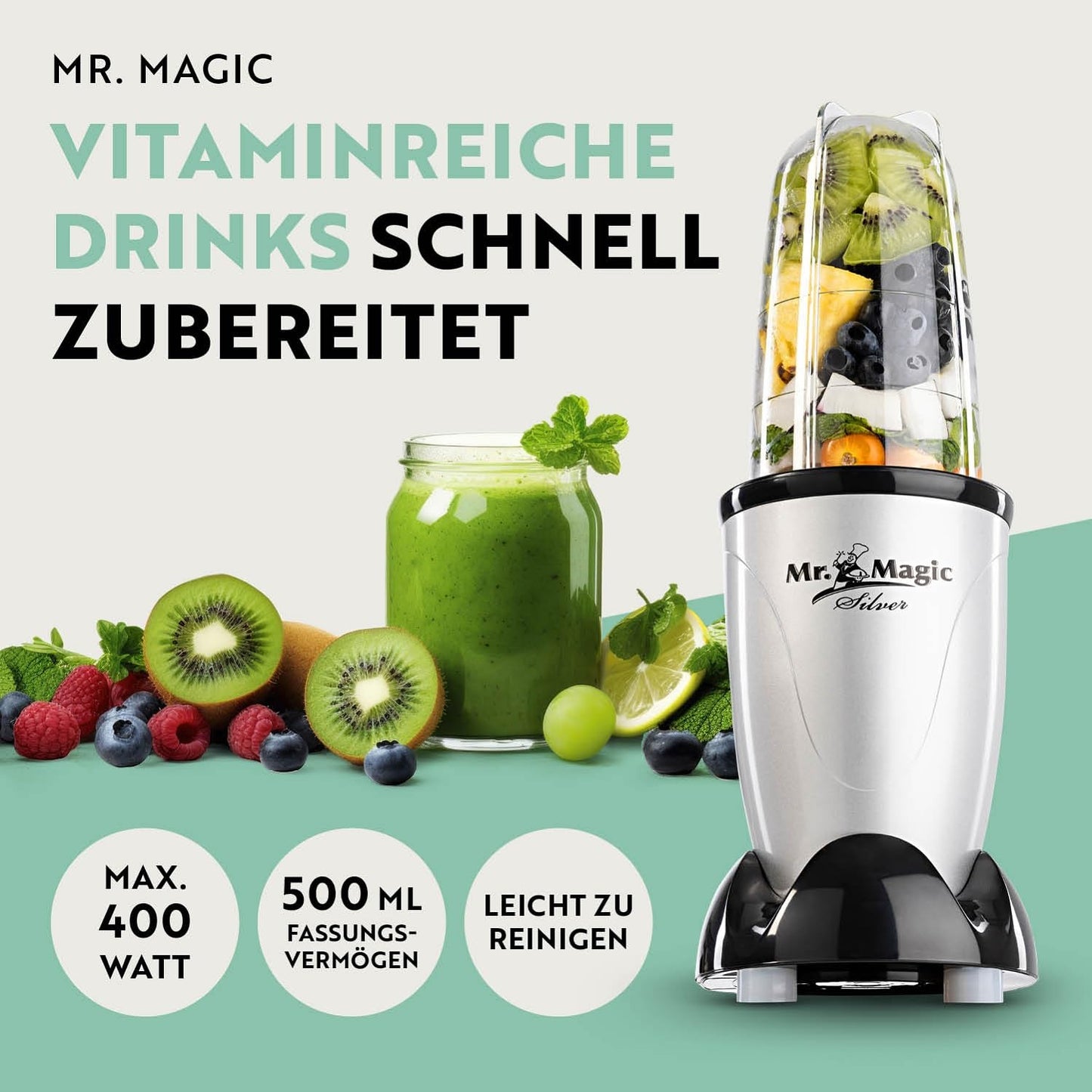 GOURMETmaxx Mr. Magic Mixer | Smoothie Maker - 4-tlg. | Standmixer mit Mixbecher & Frischhaltedeckel | Blender mit 8 Funktionen | Food Processor für Shakes, Smoothies, Shots & Co.