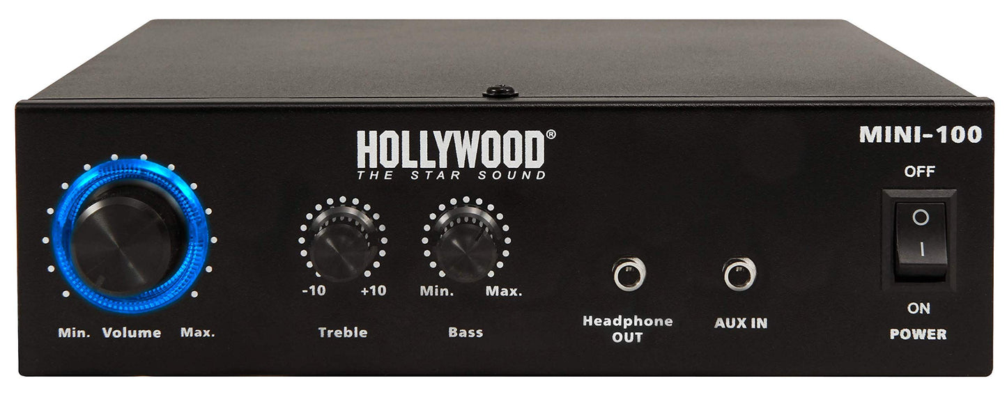 HOLLYWOOD the Starsound - HiFi-Verstärker Mini 100 | 230V oder 12V | HiFi Endstufe 100W Musikleistung | AUX IN 3,5mm | Stereo Cinch-Eingang für Anlage Party Musik