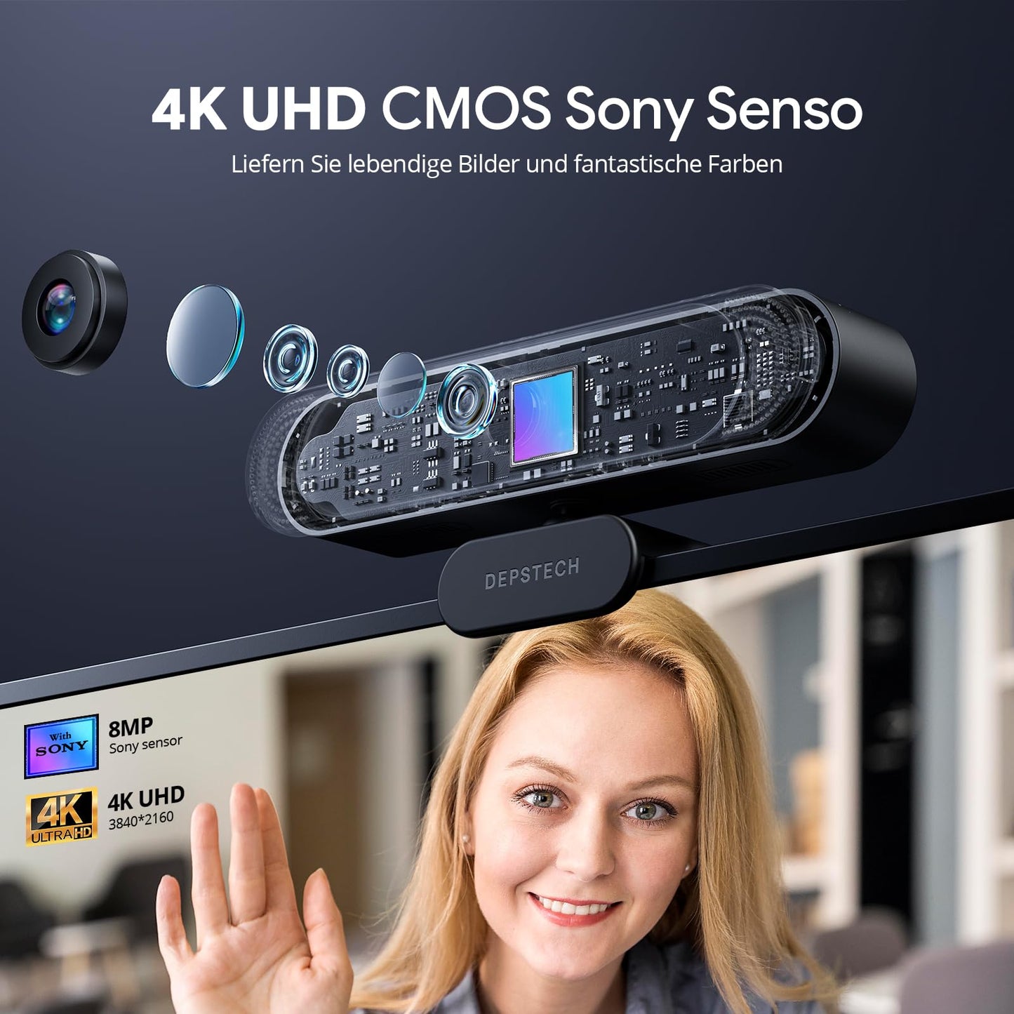 DEPSTECH DW49 Pro Webcam 4K, Ultra HD 1/2,55'' Sony-Sensor, 3-facher Zoom, Webcam mit Zwei Mikrofon, Fernbedienung, Autofokus, Streaming Kamera für PC, Mac, Laptop, Videoanruf, Zoom, Skype, Teams
