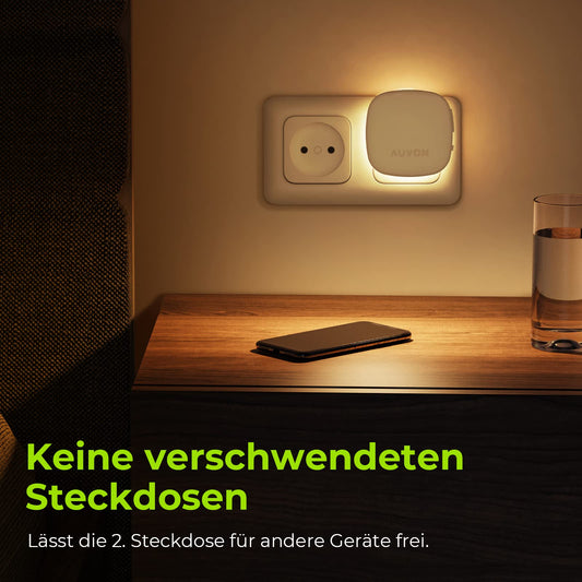 AUVON Nachtlicht Steckdose mit Bewegungssensor und Dämmerungssensor, 2 Stück Warmweißes LED hinterleuchtete Nachtlicht mit 1-50 lm, Helligkeit Einstellbar für Flur, Treppe, Schlafzimmer