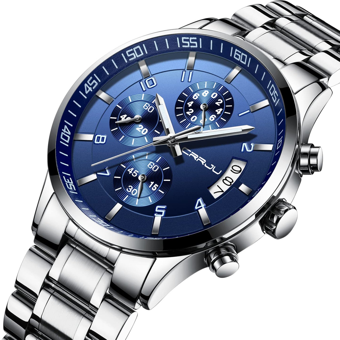 CRRJU Herren Uhr wasserdichte Chronographen Armbanduhr Männer Edelstahlarmband Business Analog Quarzuhr mit Kalender (A Blau)