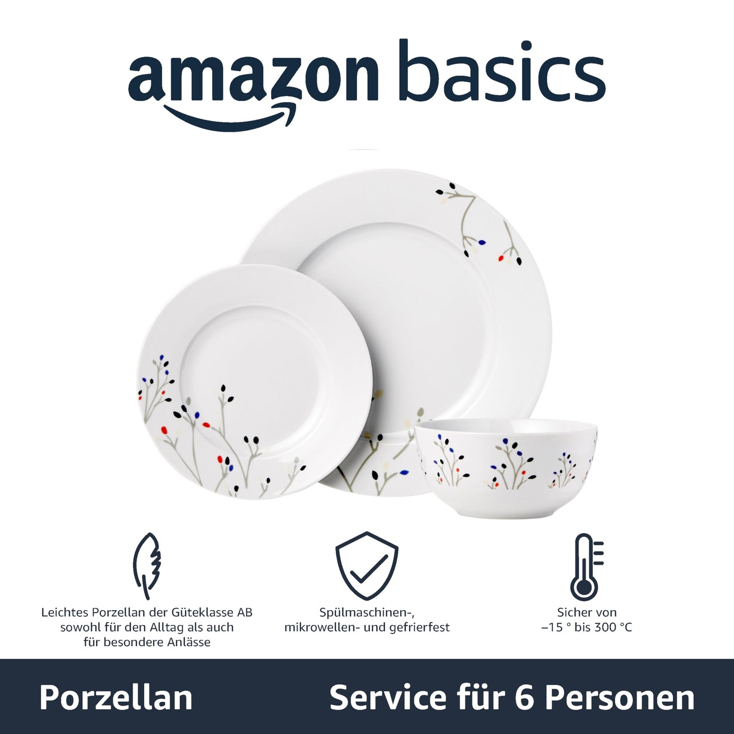 Amazon Basics Geschirrservice, 18 Stück, Zweige, für 6 Personen