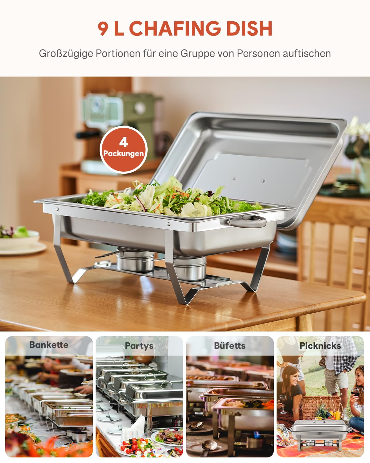 Wilprep Chafing Dish Edelstahl Buffet-Set Warmhaltebehälter Speisenwärmer Wärmebehälter Rechaud für Catering, Buffet und Party (4 Set x 9L)