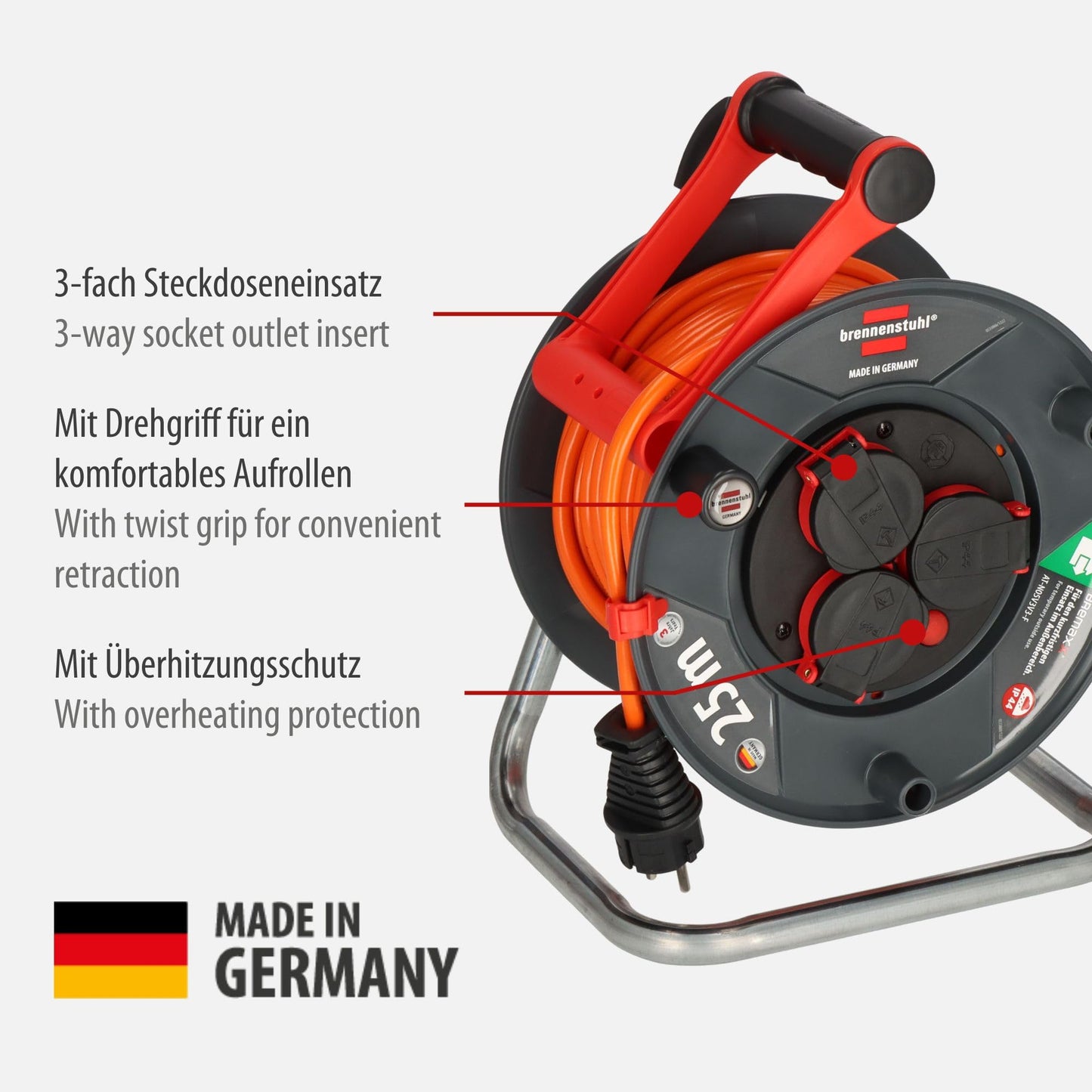 Brennenstuhl Garant V2 IP44 Kabeltrommel 25m outdoor (Made in Germany, 3 Schutzkontakt-Steckdosen, Überhitzungsschutz, kurzfristiger Einsatz im Außenbereich)