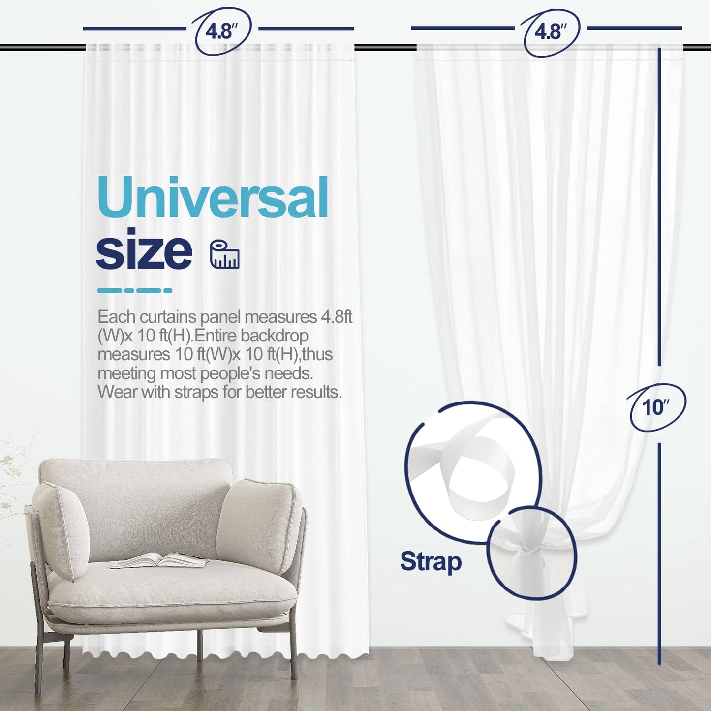 EMART Weißer Hintergrund Vorhänge, 3X3m Tüll Chiffon Stoff Drape für Parteien Hochzeit Bühne Dekoration, Weiche Glatte Tuch für Baby Dusche Fotografie Geburtstag Foto Fotoshooting