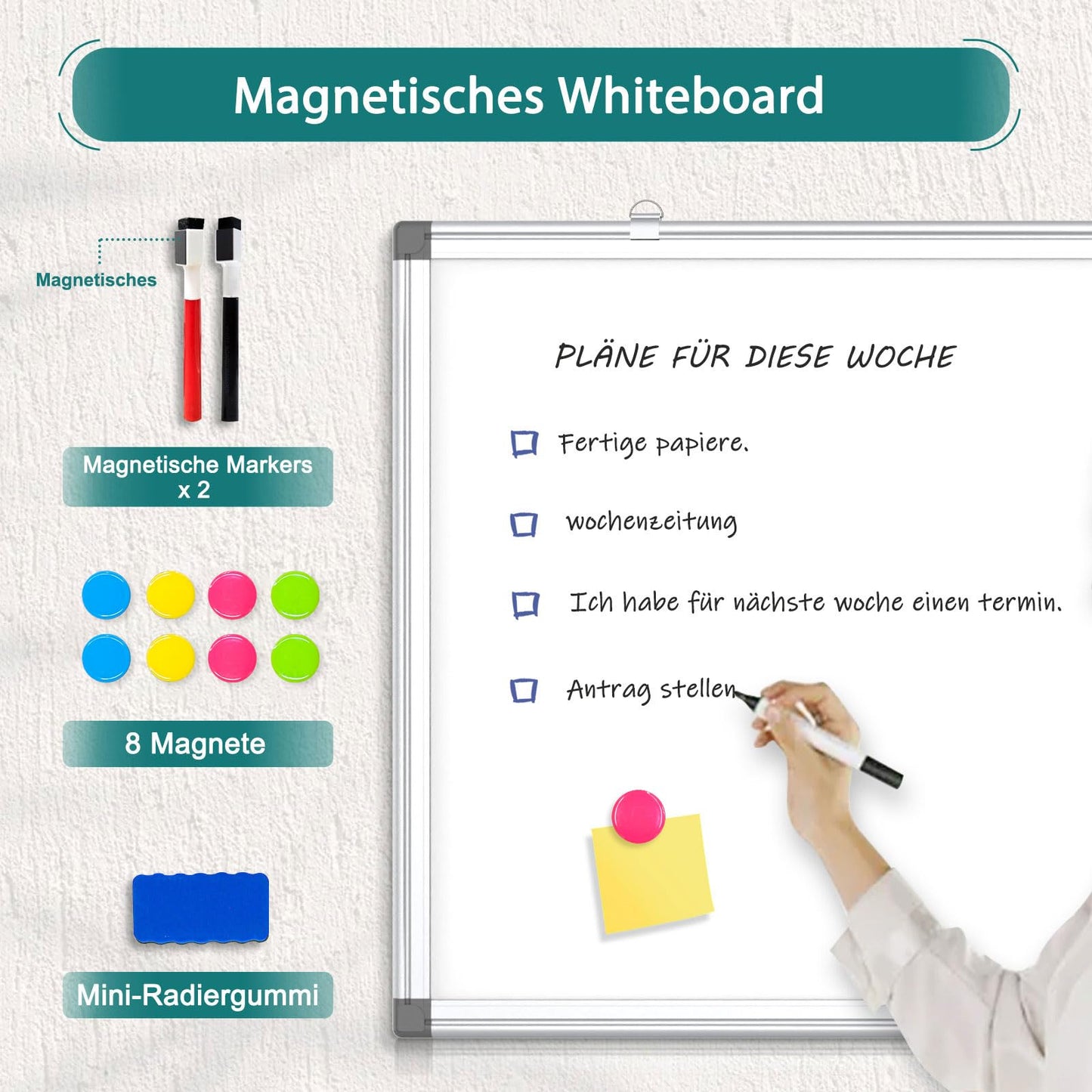 QUEENLINK Magnetisch Whiteboard, 57x90cm, Magnettafel mit Aluminiumrahmen, Magnetwand White Board mit Stiftablage und Haken